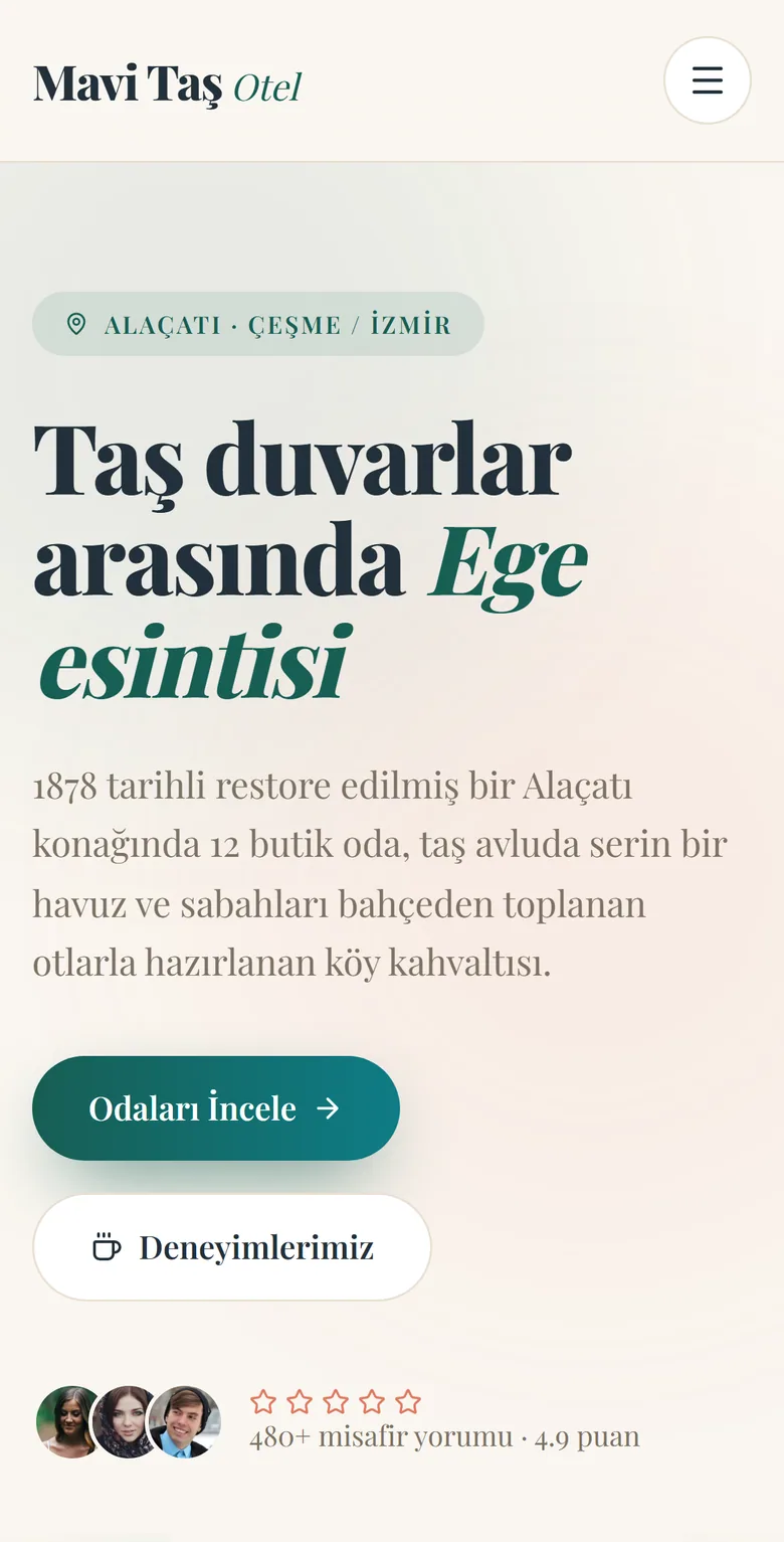 Mavi Taş Otel sitesinin telefon görünümü